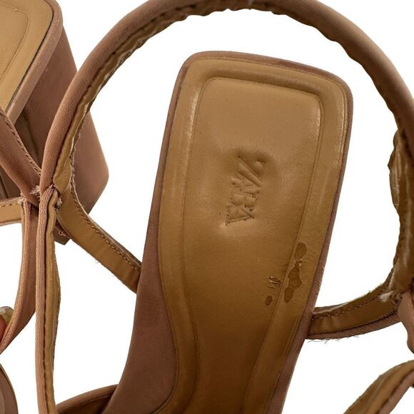 ZARA Rhinestone Embellished Platform Sandal Chunky Heel Sz 41 US 10.5 Tan Satin - Picture 10 of 12